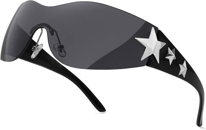 Haqptul Rimless Y2K Sunglasses Star Wrap Around Glasses 2000S Accessories for Women Men Trendy Fashion Cool Shield Shades - Image 1